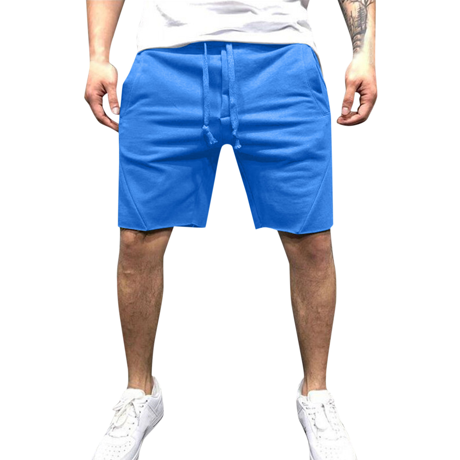 thumbnail image 1 of Pantalones cortos casuales de cintura media con cordón y bolsillo hasta la rodilla para hombre: poliéster/algodón, corte holgado, ropa deportiva de verano, 1 par, 1 of 6